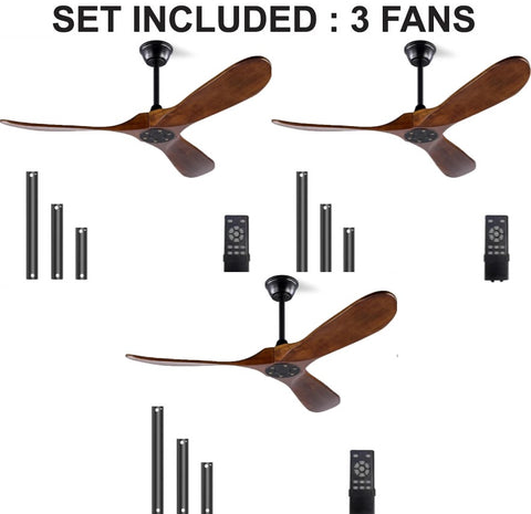 Set of 3 - Solid Wood Ceiling Fan Without Light, 52 inch Walnut Ceiling Fan with 3 Wood Blades 6 Speeds Smart Timing Reversible DC Motor, Modern Ceiling Fans for Indoor Outdoor Farmhouse/Patios - Dark Walnut