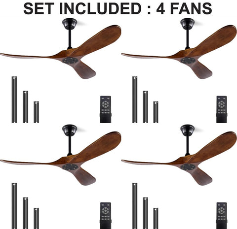 Set of 4 - Solid Wood Ceiling Fan Without Light, 52 inch Walnut Ceiling Fan with 3 Wood Blades 6 Speeds Smart Timing Reversible DC Motor, Modern Ceiling Fans for Indoor Outdoor Farmhouse/Patios - Dark Walnut