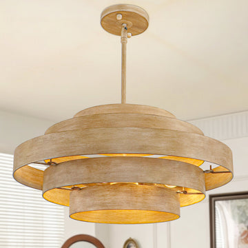 18.9 In.4-Light Wood Grain Drum Chandelier