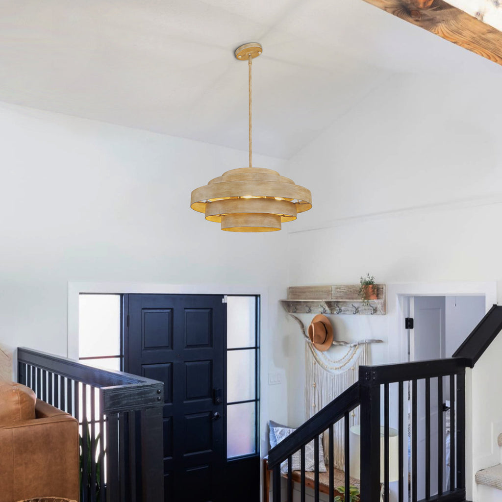 18.9 In.4-Light Wood Grain Drum Chandelier