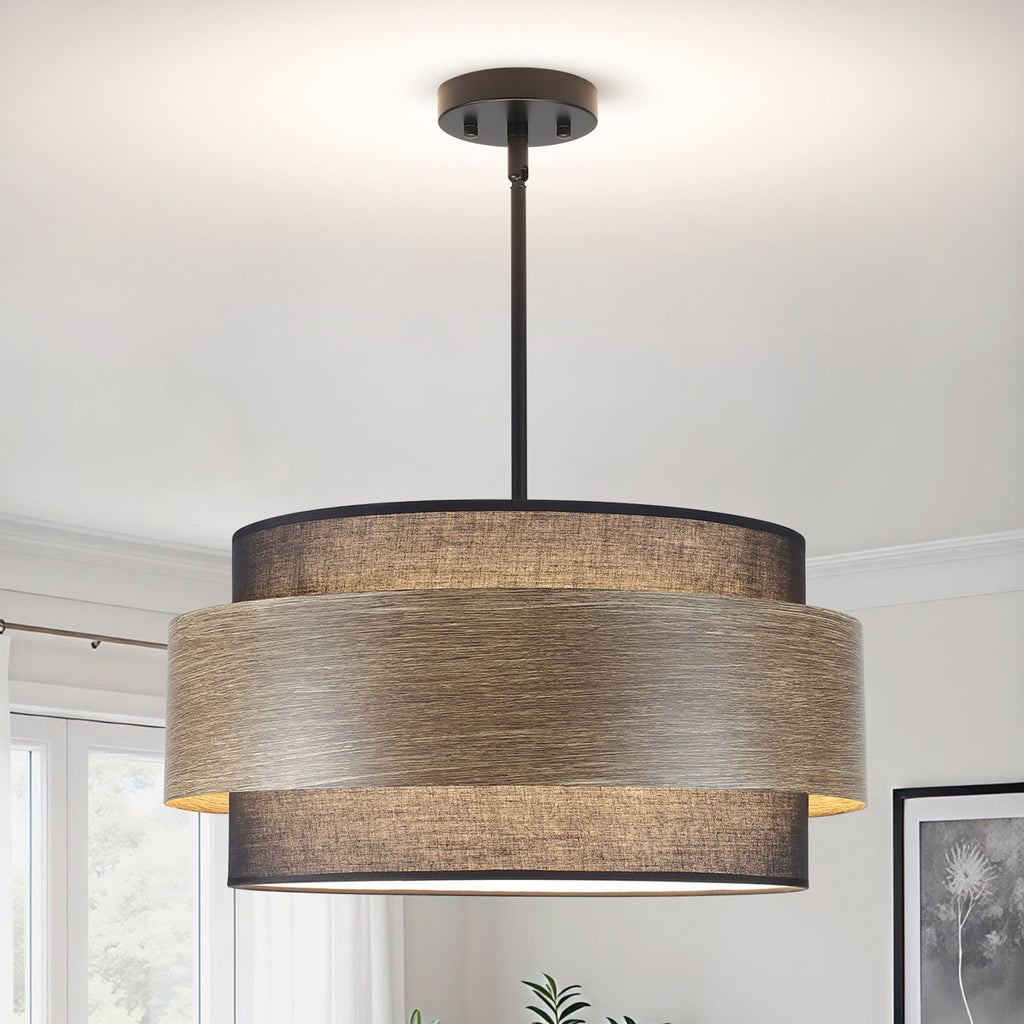 20 Inches Drum Chandelier With Metal And Rattan Shade, 5-lights Farmhouse Drum Pendant Light Large Rustic Chandelier, Height Adjustable Pendant Lighting For Ktichen Island Dining Room E26