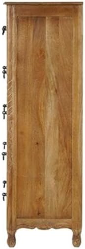 Solid Mango Wood 6-Drawer Tall Chest, 54 Inch, Brown Finish, Floral Carved Accents, Space-Saving Vertical Design