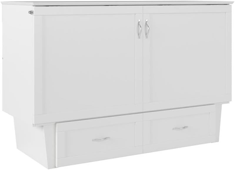 Queen Murphy Bed Chest with 6" Mattress, Storage Drawer & Built-in USB Charger, White