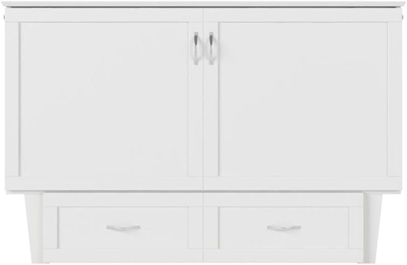Queen Murphy Bed Chest with 6" Mattress, Storage Drawer & Built-in USB Charger, White