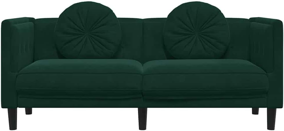 Velvet Loveseat 2-Seater Sofa Dark Green | Thickly Padded Seat, Armrests, Backrest, Round Pillows, Sturdy Legs