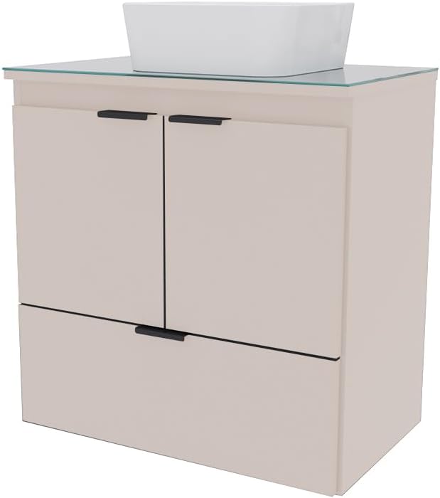 24-Inch Floating Bathroom Vanity with Ceramic Sink – Wall-Mounted Cabinet with Tempered Glass Countertop, Soft-Close Doors, and Drawer