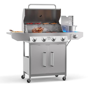 4-Burner Propane Gas Grill with Side Burner, 58,000 BTU Stainless Steel Grill with Cast Iron Grates and Built-In Thermometer for Patio and Backyard