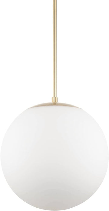 Ceres 14" Mid Century Modern Globe Pendant Light, Minimalist White Frosted Glass Orb Hanging Lamp, Cool Brass Finish