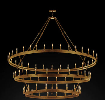 Inspired Camino Style Chandelier - Three Tier Wagon Wheel, Wrought Iron Rustic Industrial Lighting W63" x H75"