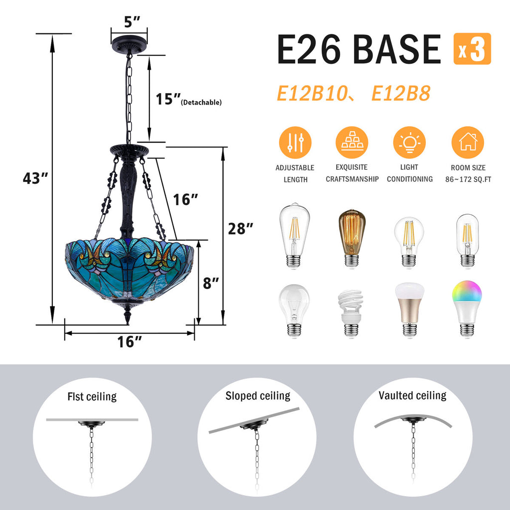 3-Light Dimmable Tiffany Antique Unique/statement Pendant