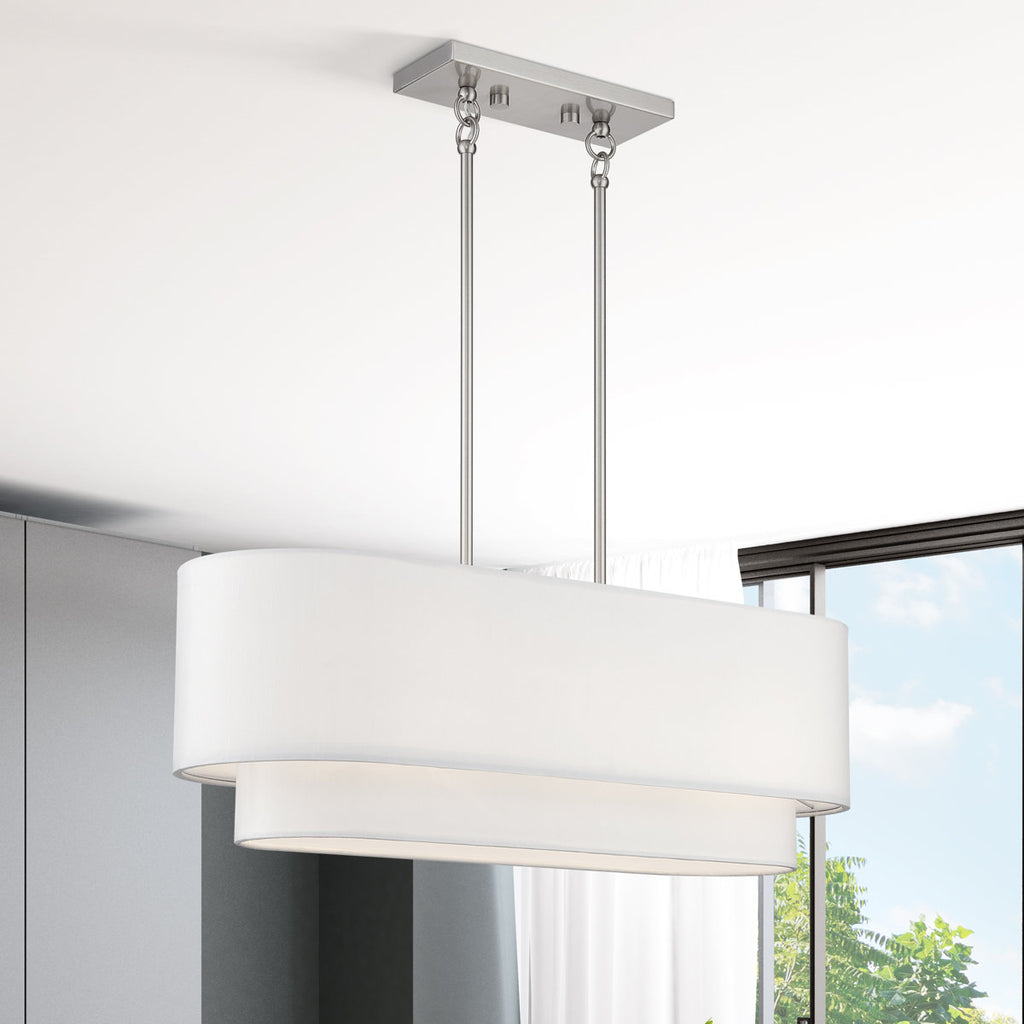 3 Light Bronze Medium Linear Chandelier With Hand Crafted Off-White Hardback Shades