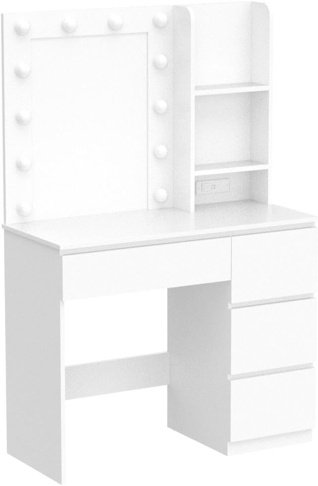 Makeup Vanity with Lights, 37inch Vanity Desk with Power Strip, 4 Drawers Makeup Table with Lighted Mirror, 3