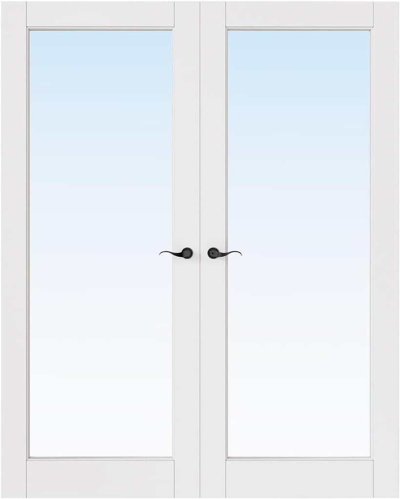 French Door 60" x 80" (Double 30" x 80") Clear Glass Door Slabs with Pre-Hung Jamb, Black Hinges, Levers and Latch, White Primed, French Interior Doors with Frame, Swing Double Bedroom Doors