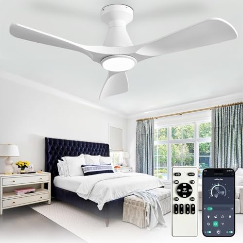42-Inch Flush Mount Low Profile Ceiling Fan with Dimmable LED Light and Remote - White, 3 Blade, Ultra Quiet DC Motor