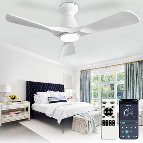 42-Inch Flush Mount Low Profile Ceiling Fan with Dimmable LED Light and Remote - White, 3 Blade, Ultra Quiet DC Motor