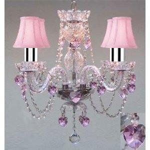 Swarovski Crystal Trimmed Chandelier! Crystal Chandelier W/Pink Crystal Hearts & Pink Shades H17" X W17"Swag Plug In-Chandelier W/14' Feet Of Hanging Chain And Wire w/Chrome Sleeves! - J10-B43/B15/B23/PINKSHADES/26098/4 SW