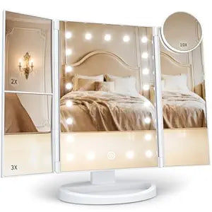 Makeup Mirror, Vanity Mirror with Lights, 2X/3X/10X Magnification, Touch Control, Trifold, Dual Power Supply, Birthday