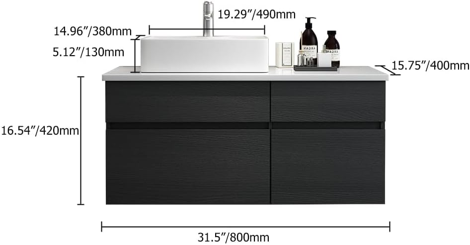 Bathroom Vanity Floating Bathroom Sink Cabinet with Ceramic Vessel Sink Wall Mounted Floating Vanity (Black & White
