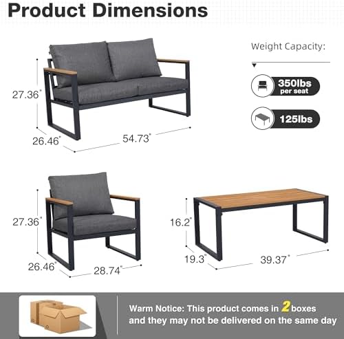 4-Piece Metal Outdoor Patio Furniture Set - Conversation | Grey for Patio, Garden & Porch