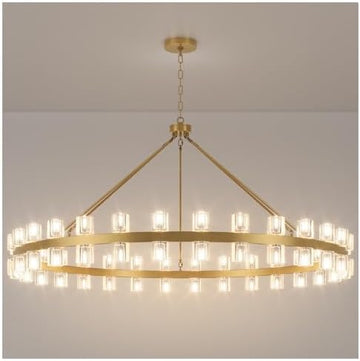 60 Inch Gold Wagon Wheel Chandelier with Crystal Shade, 60 Lights, Modern Farmhouse Style, Ideal for Dining Room, Kitchen, Entryways