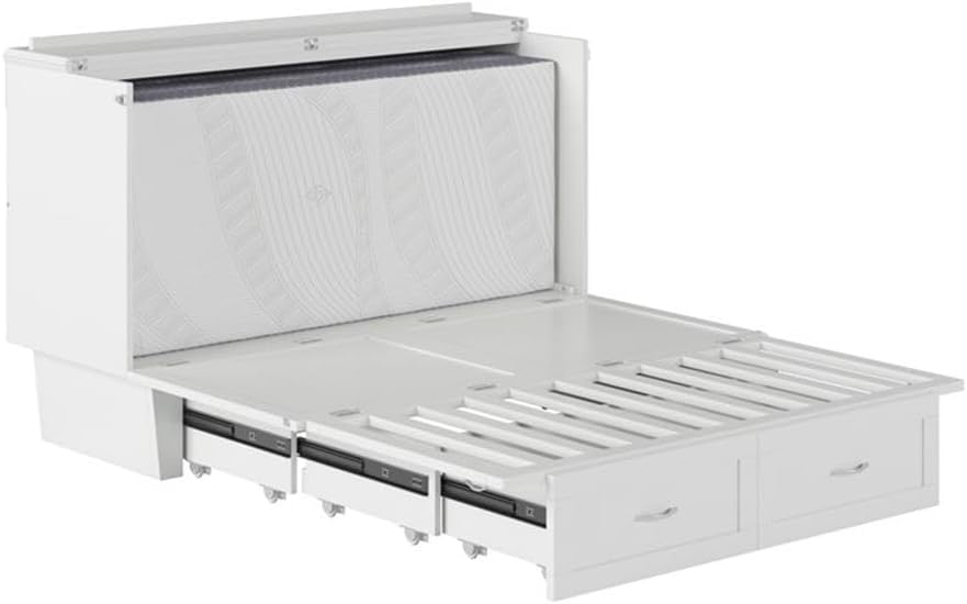 Queen Murphy Bed Chest with 6" Mattress, Storage Drawer & Built-in USB Charger, White