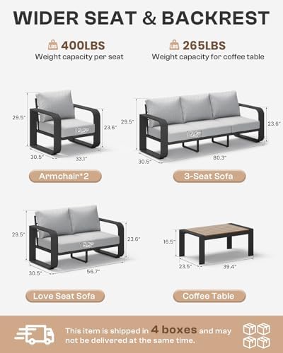 5-Piece Aluminum Outdoor Patio Furniture Set - Conversation | Gray with Thick Cushions for Backyard, Garden & Porch