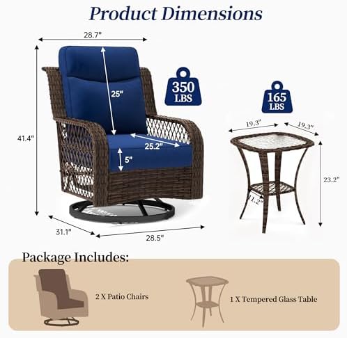 3-Piece Wicker Outdoor Patio Furniture Set - Bistro with Thick Cushions for Backyard, Garden & Porch