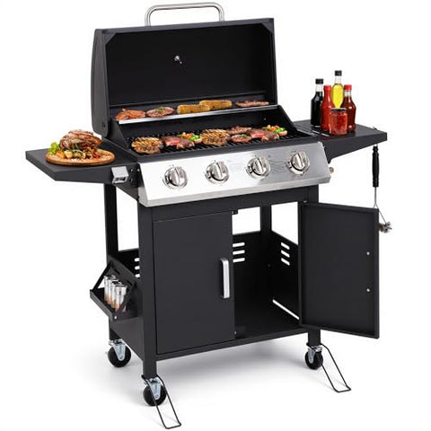 4-Burner Propane Gas Grill, 40,000 BTU Stainless Steel BBQ Grill with Foldable Side Tables, Spice Rack & Wheels