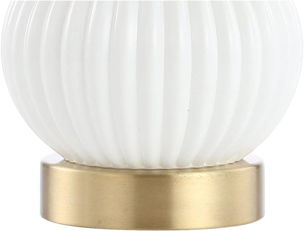 20" White/Brass Gold Ribbed Gourd Glass Table Lamp, Modern Bedside Lamp Living Room, White Linen Drum Shade