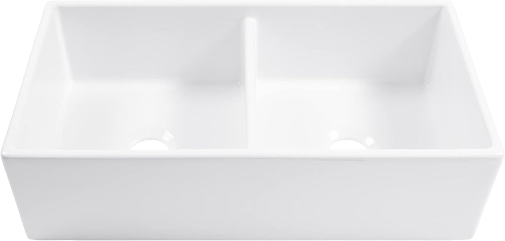 Austen 36 in White Fireclay Farmhouse Sink, Double Bowl