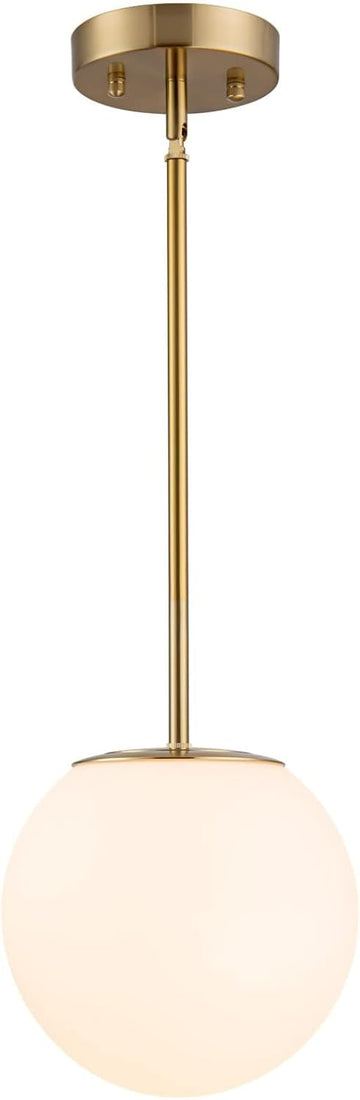 Mid Century Modern Pendant Light - 1-Light Gold Globe with White Glass Shade, Brushed Brass Finish, Adjustable Height