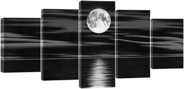 Sea White Full Moon in Night Canvas Print Wall Art Black and White Ocean Beach Bedroom Kitchen Home Decorations 5
