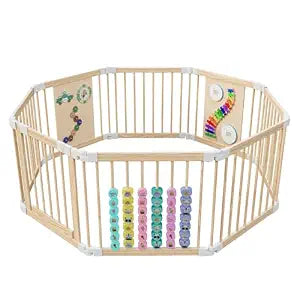 Baby Playpen - Adjustable Multi-Shape Wooden Play Yard, Portable Collapsible Activity Center with Baby Fence Play