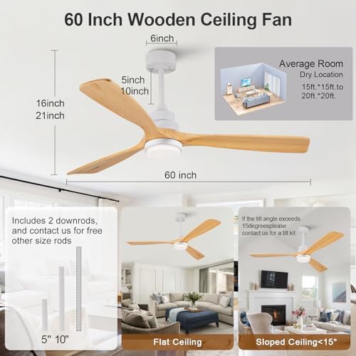 60 Inch White + Natural Wood Ceiling Fan - Image 3