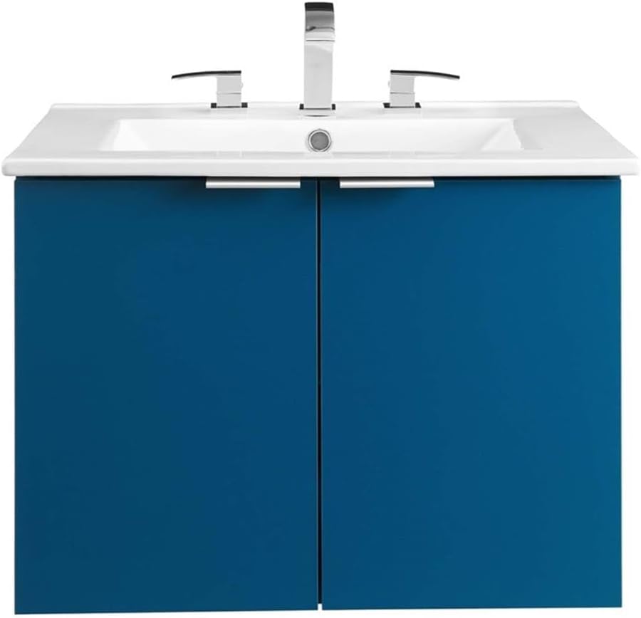 24" Wall-Mounted Bathroom Vanity, Modern Floating Cabinet in Navy and White