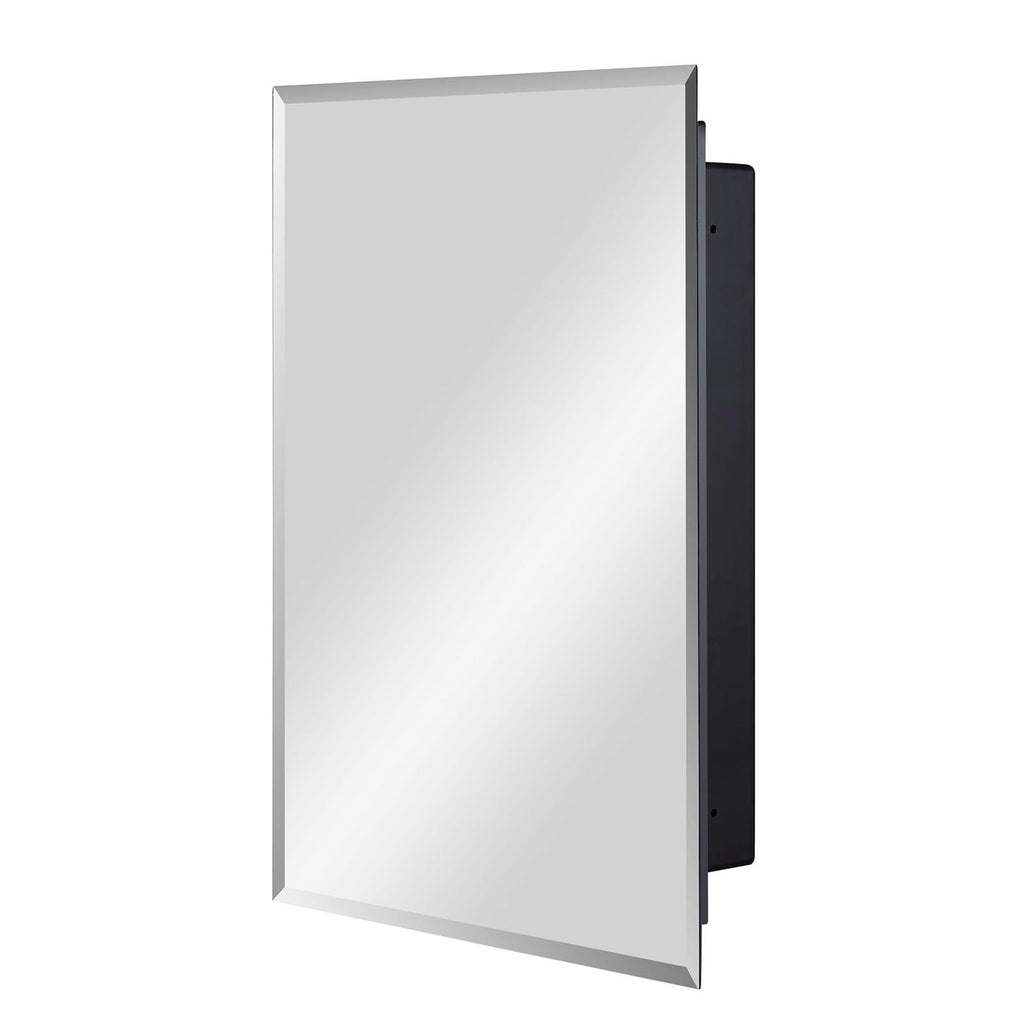 Black Plastic Bathroom Medicine Mirror Cabinet 16 x 22 inch, Surface and Recessed Mount, Beveled Edge Mirror