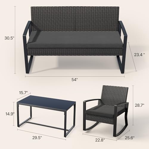 4-Piece Wicker Outdoor Patio Furniture Set - Rocking | Black for Patio, Garden & Porch