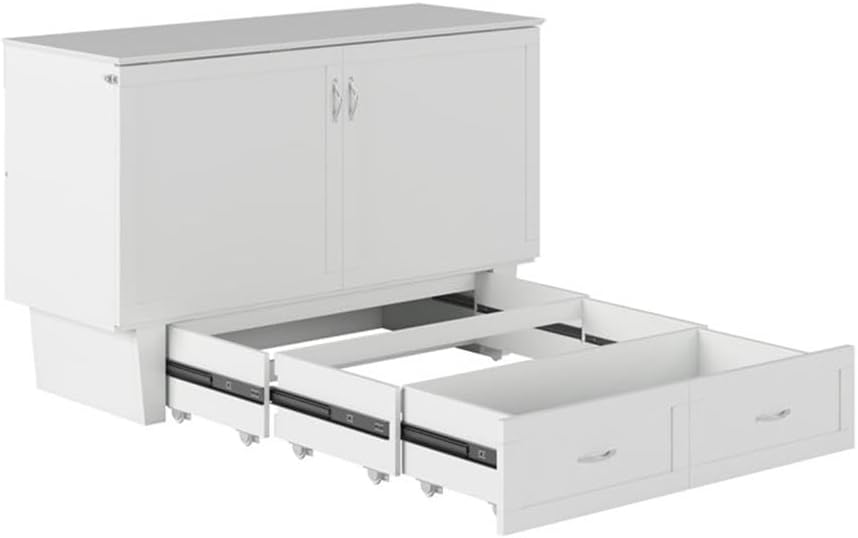 Queen Murphy Bed Chest with 6" Mattress, Storage Drawer & Built-in USB Charger, White