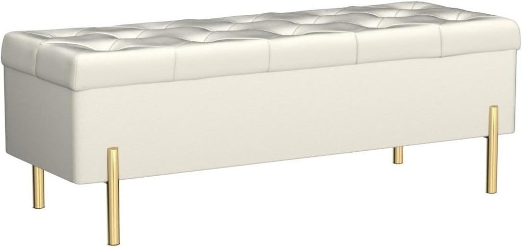 Velvet Storage Bench Ottoman,Versatile Seating with Hidden Storage,End of Bed Bench,Tufted Bench ,Ivory
