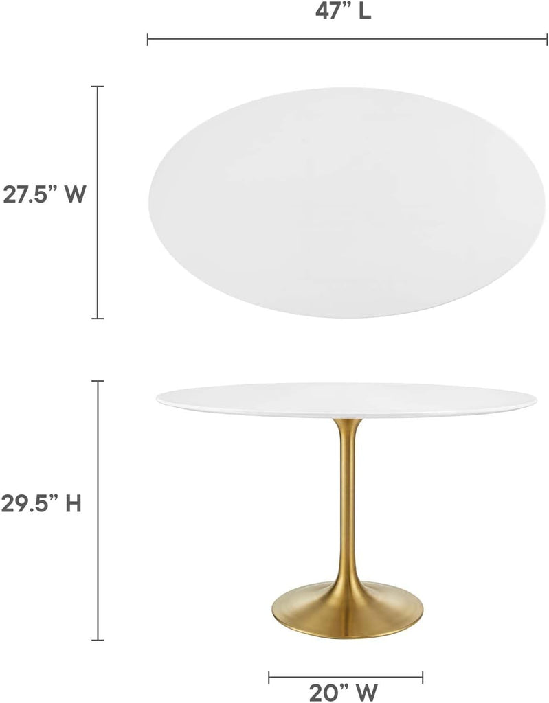 Inspired Saarinen Style Tulip Oval Pedestal Dining Table — Gold Base / White Top, 48″ Oval
