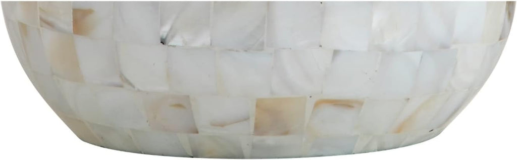 16" Coastal Capiz Shell Mosaic Table Lamp Living Room, White Linen Shade, Transitional Cottage Nightstand Lamp