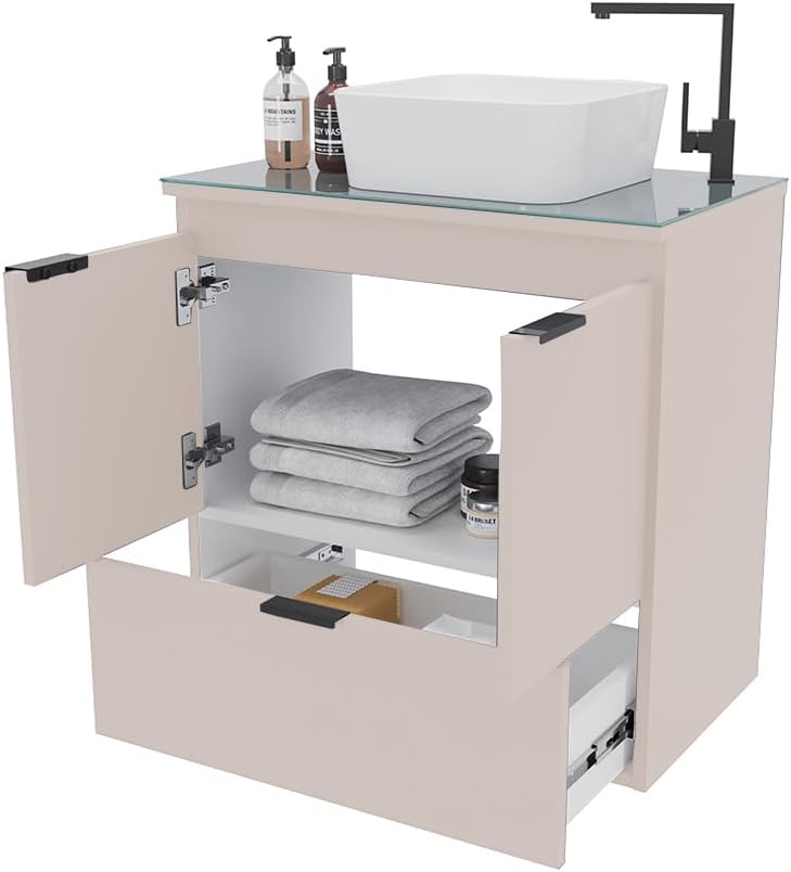 24-Inch Floating Bathroom Vanity with Ceramic Sink – Wall-Mounted Cabinet with Tempered Glass Countertop, Soft-Close Doors, and Drawer
