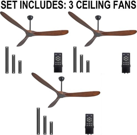 Set of 3 - 60" Ceiling Fans Without Lights, 60 Inch Outdoor Ceiling Fans no Lights, 3 Blade Solid Wood Damp Rated Ceiling Fan with Remote Control for Living Room Gazebo Farmhouse/Patios Porch - Dark Walnut - 3EA G7-B0CMTL95Z4