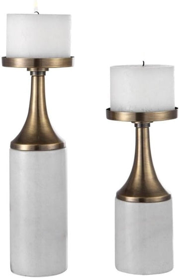 Metal Marble Candleholder Set of 2, Antique Brass Finish, Elegant White Marble Base, Includes Off-White Distressed