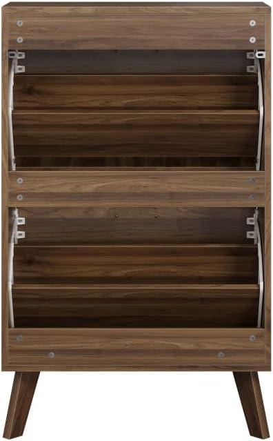 Slim Flip-Top Shoe Cabinet, Mid-Century Modern, 23.6in | Dual Tilt-Out Doors, Open Top Shelf, Angled Solid Wood Legs