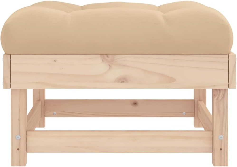 Outdoor Patio Footstool with Thick Beige Cushion, Solid Pine Wood Garden Ottoman, Modular Deck Foot Rest for