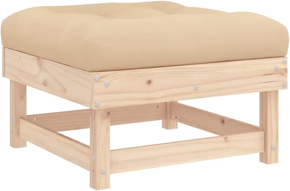 Outdoor Patio Footstool with Thick Beige Cushion, Solid Pine Wood Garden Ottoman, Modular Deck Foot Rest for
