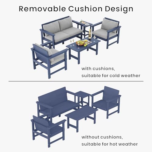5-Piece HDPE Outdoor Patio Furniture Set - Conversation | Navy Blue for Patio, Garden & Porch