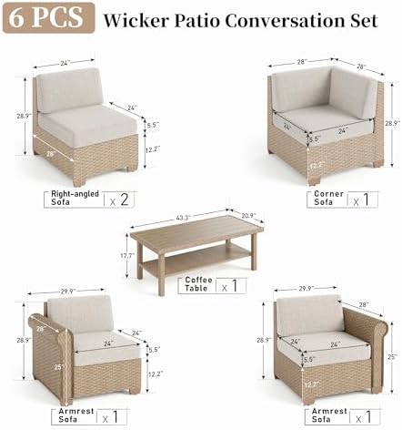 6-Piece Wicker Outdoor Patio Furniture Set | Beige All-Weather Resistant for Backyard, Garden & Porch