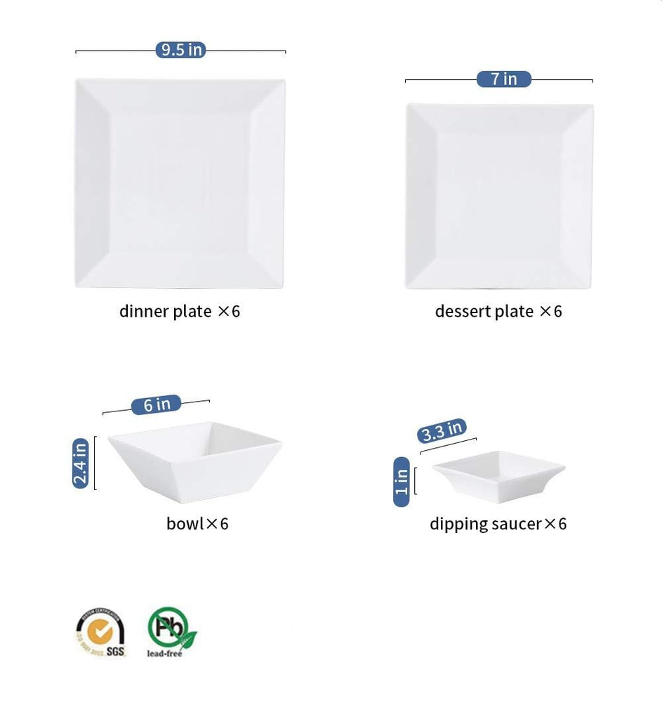 Classic 24-piece Square Dinnerware Set for 6, Off-white Square Plates and Bowls